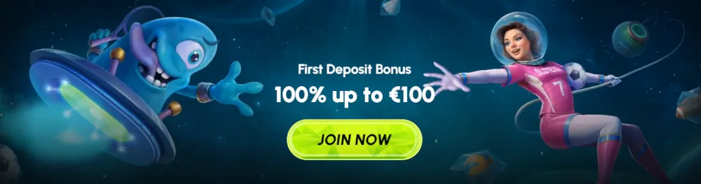 Banner bonus di deposito iniziale Slotexo che offre il 100% fino a €100
